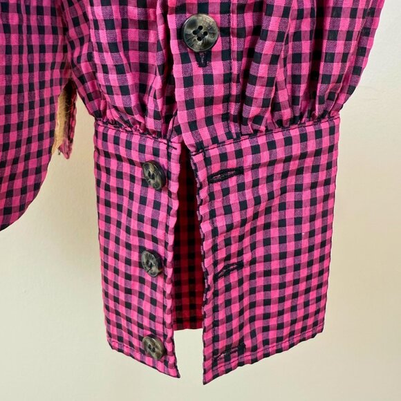 Ganni Pink & Black Gingham Ruffle Blouse NWT Size 38 - Picture 6 of 11